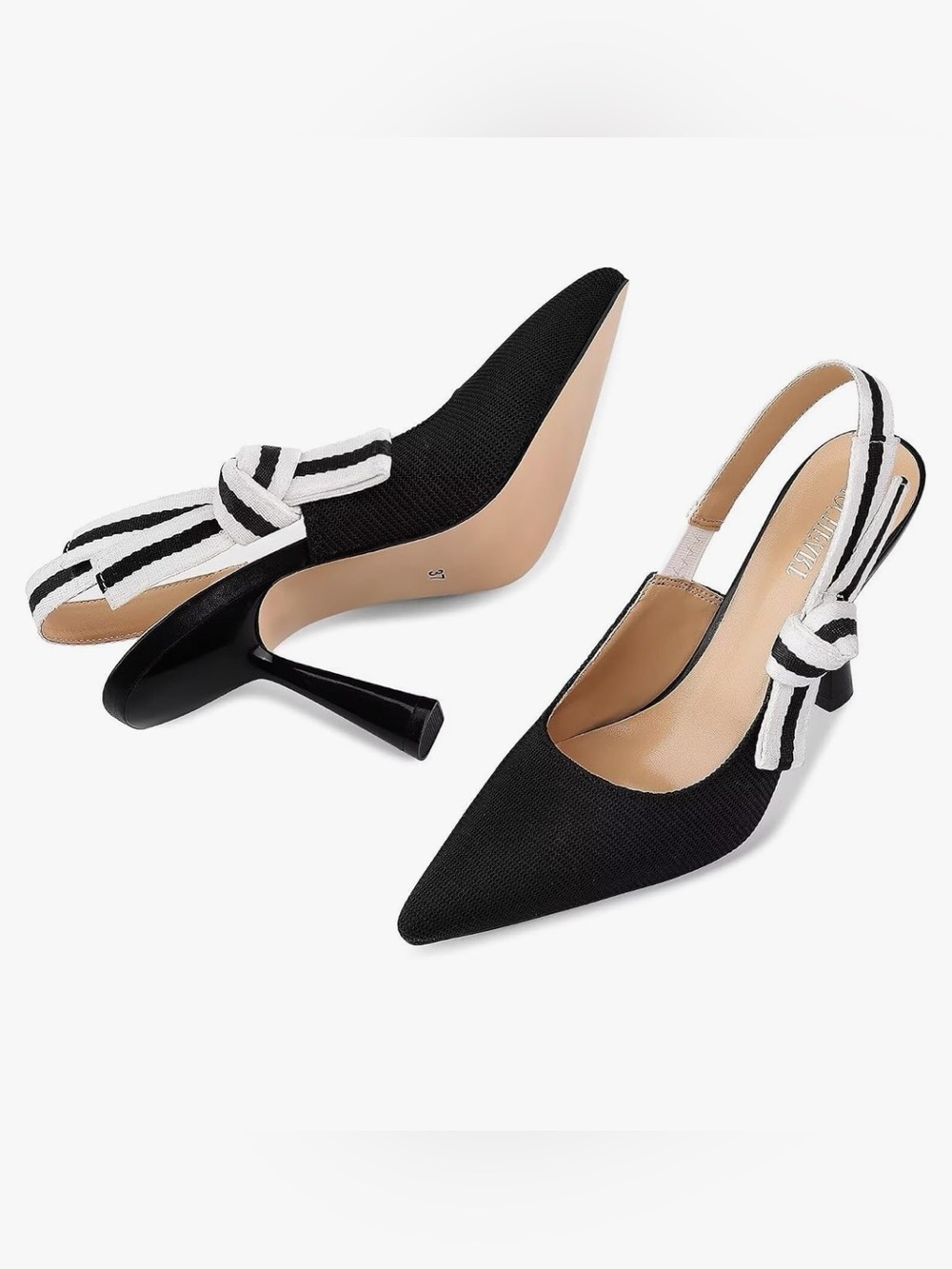 Black & White Pointed Toe Heels with Ribbon Bow Slingback Accent